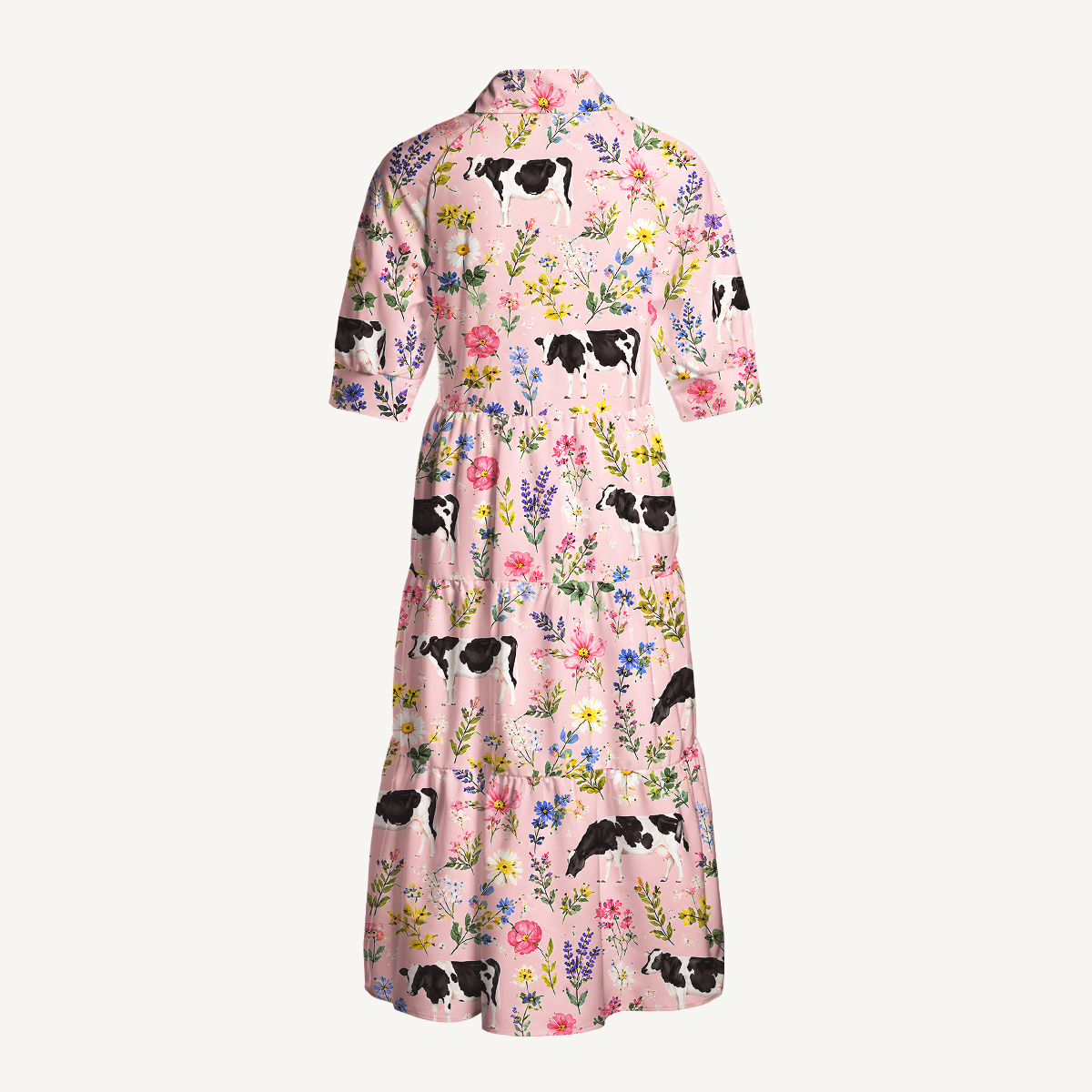 Holstein Cattle Cow Farm Animal Floral Pink Print Casual Midi Dress With Pockets