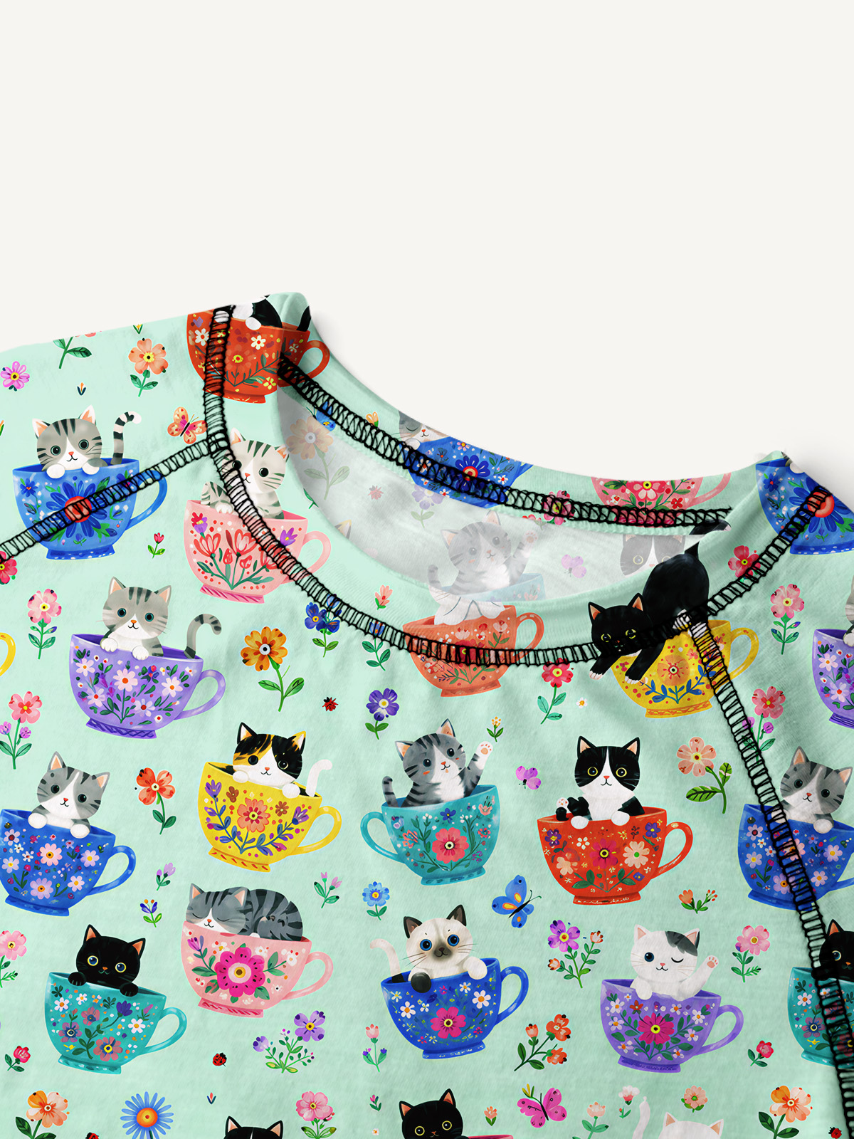 Cute Teacup Kitten All-Over Print Cotton Raglan Long Sleeve Top