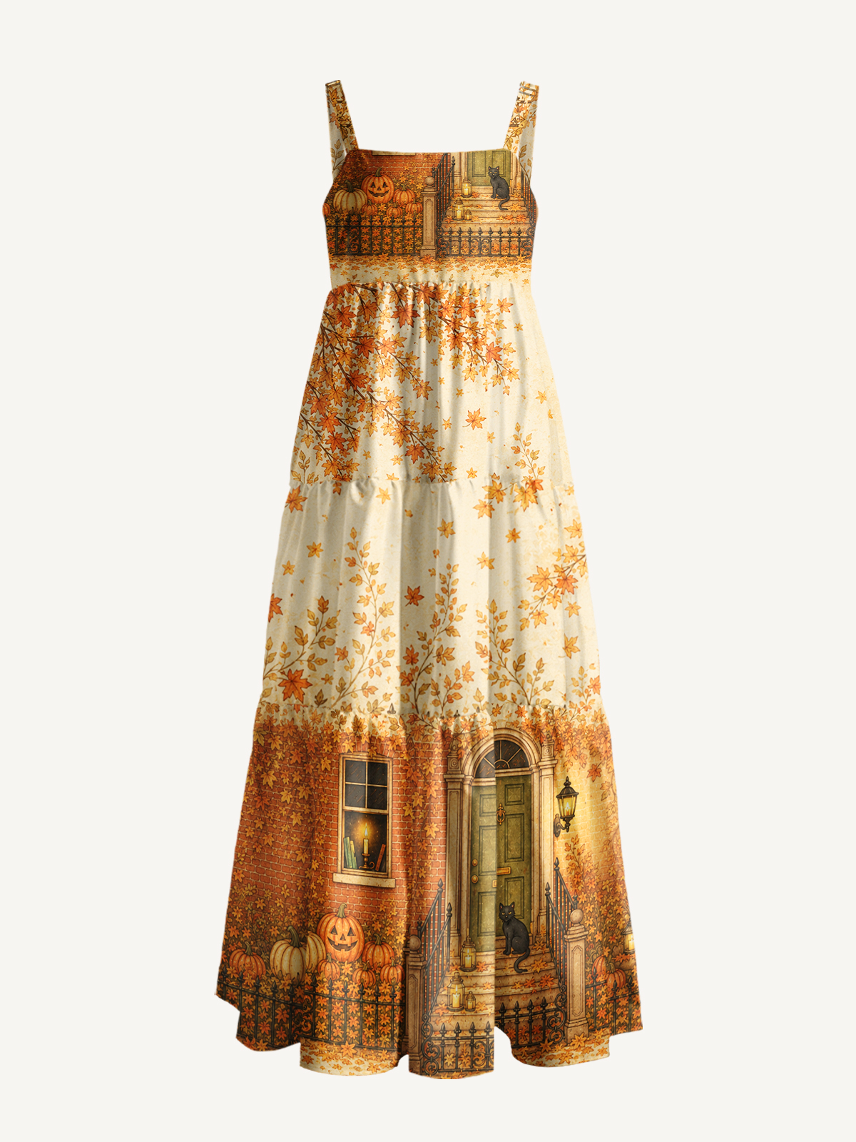 Golden Autumn Porch Light Print Wide Straps Maxi Dress With Pockets