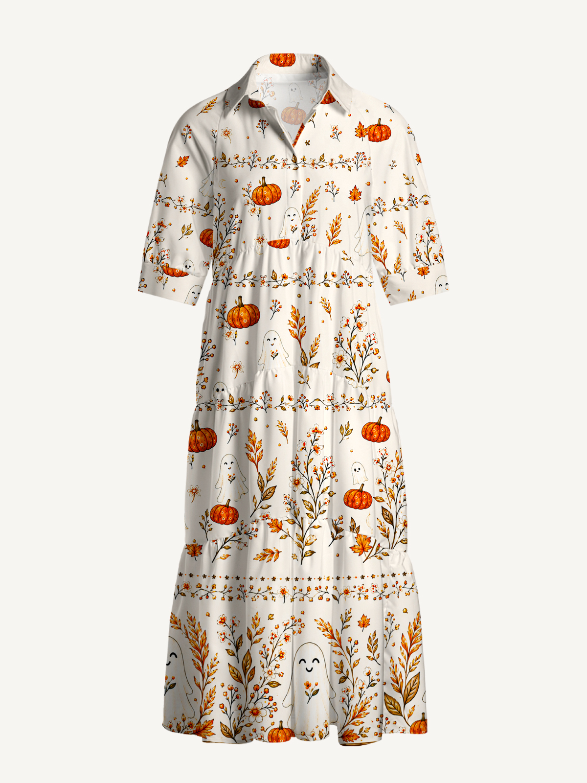 V Neck Collared Pumpkin Ghost Cottage Print Casual Midi Dress With Pockets