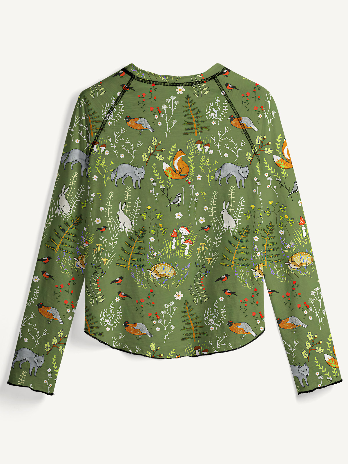 Whimsical Woodland Animals All-Over Print Cotton Raglan Long Sleeve Top