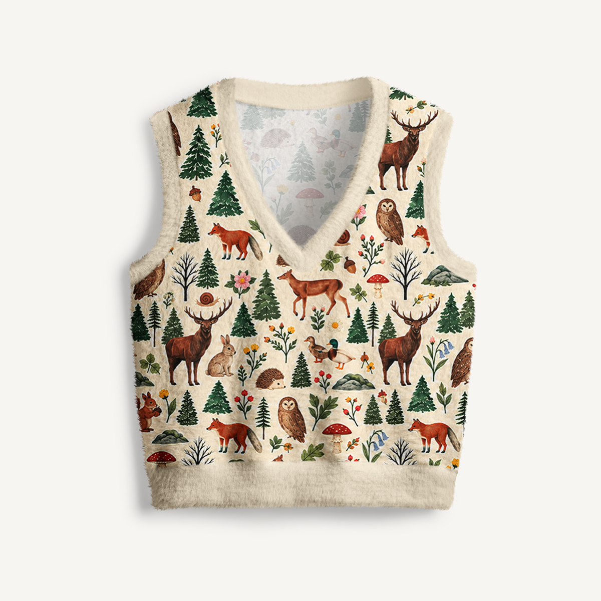 Rustic Wildlife Pine Forest Print V-Neck Sweater Vest