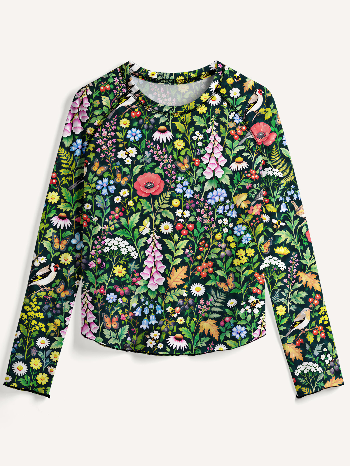 Cottagecore Songbirds & Wildflowers All-Over Print Cotton Raglan Long Sleeve Top