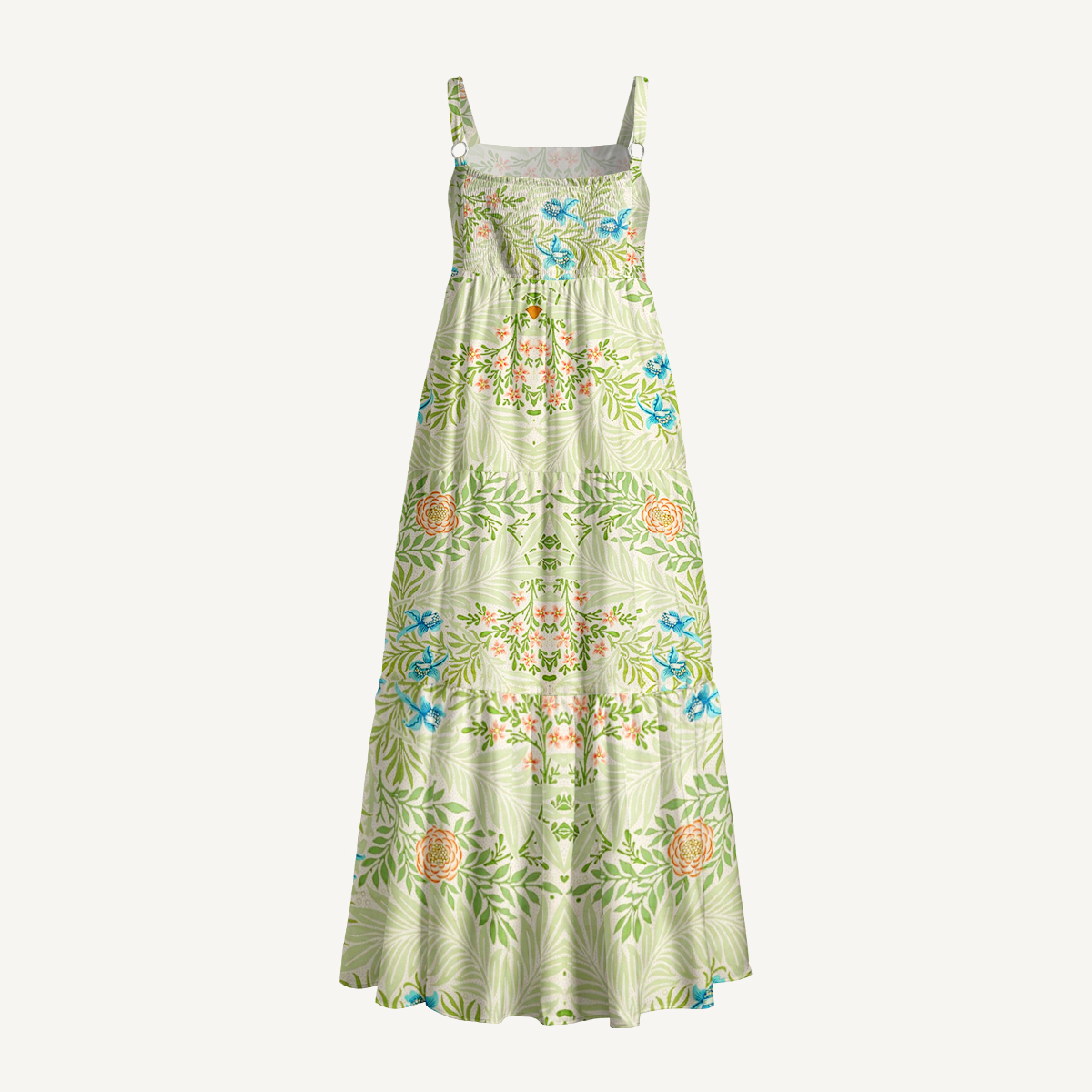 Green Foliage with Bluebirds & Peony Blossoms Print Quilt Wide Straps Maxi Dress With Pockets