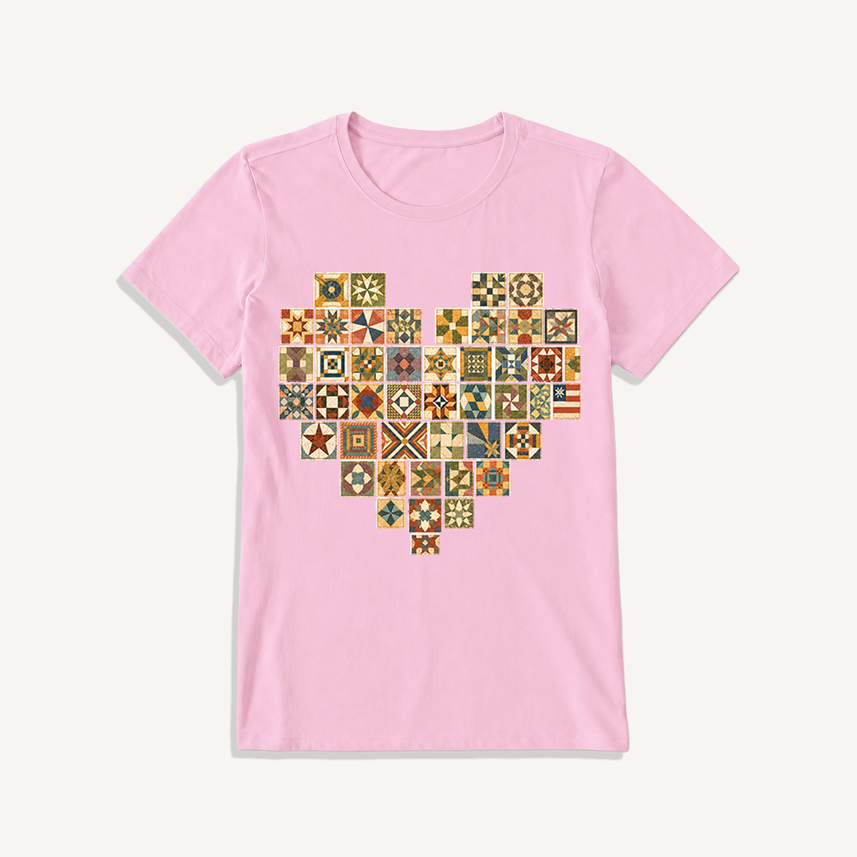 Vintage Quilt Block Heart Print Crew Neck Cotton Tee