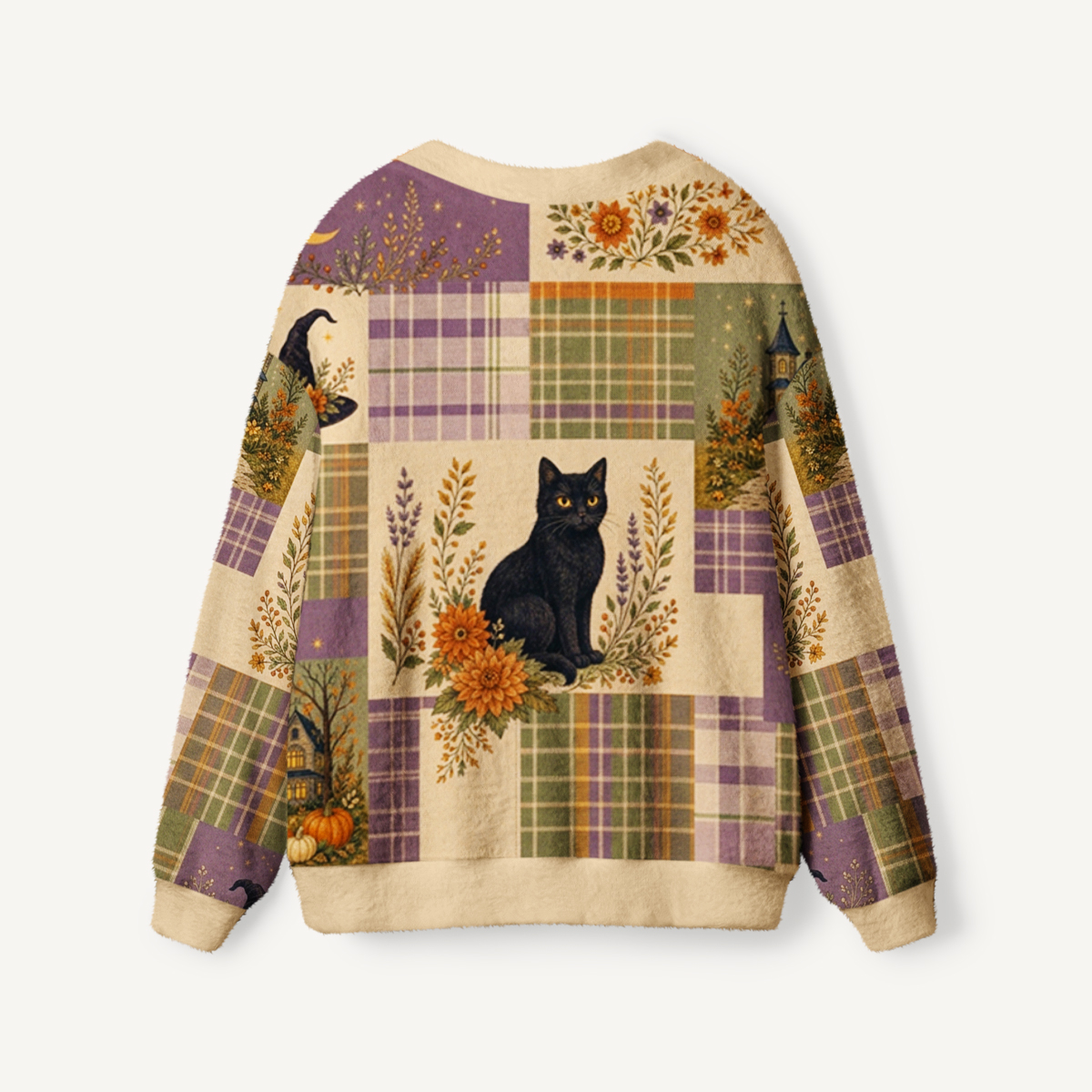 Witchy Halloween Black Cat Cottage Print Ugly Cardigan Sweaters