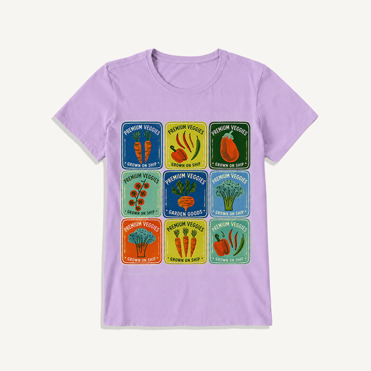 Vintage Veggie Market Print Crew Neck Cotton Tee