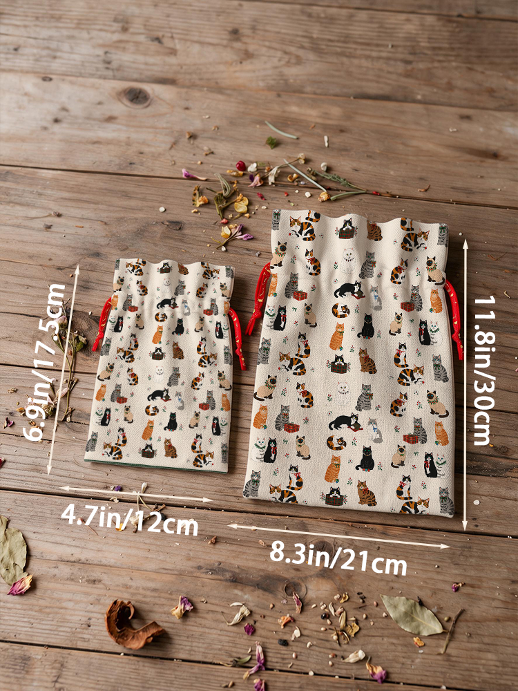 Sweet Festive Kitten Garden Reusable Christmas Drawstring Gift Bag