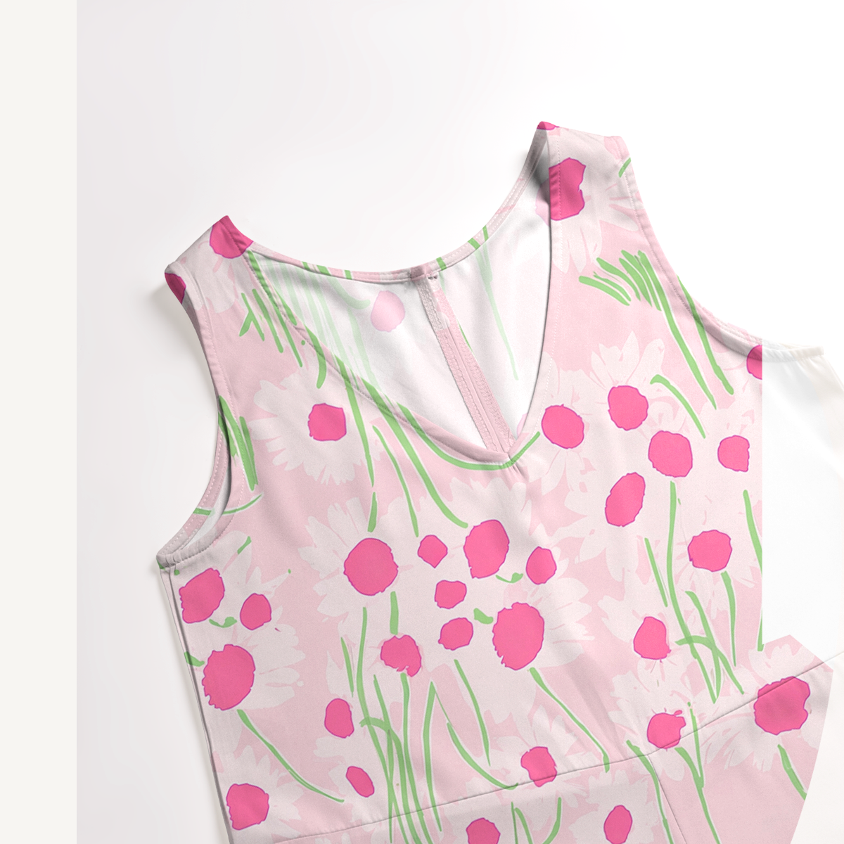 V-Neck Pink Daisy Boho Jumpsuit with Pockets for Women