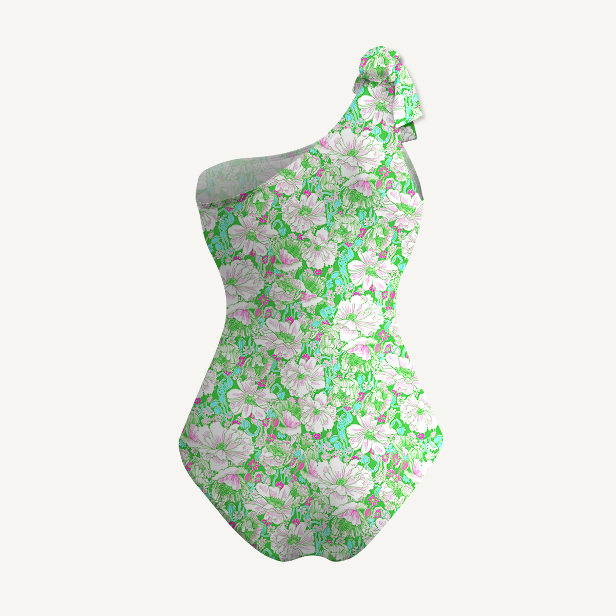 Mint Garden One Shoulder One Piece Swimsuit and Matching Sarong Set for Women