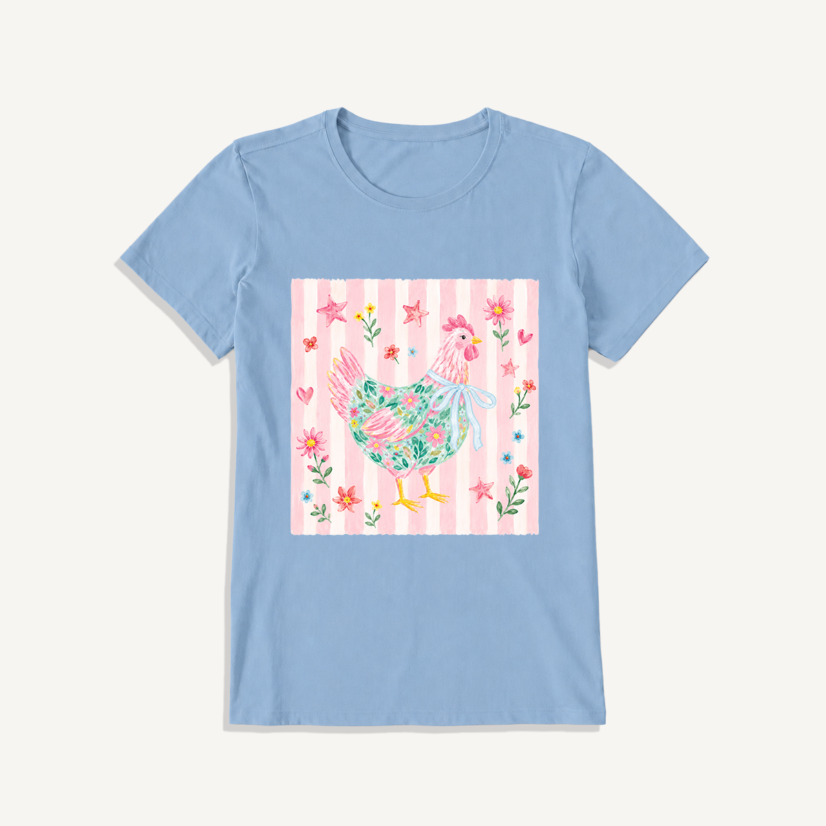 Cozy Floral Hen Nook Print Crew Neck Cotton Tee
