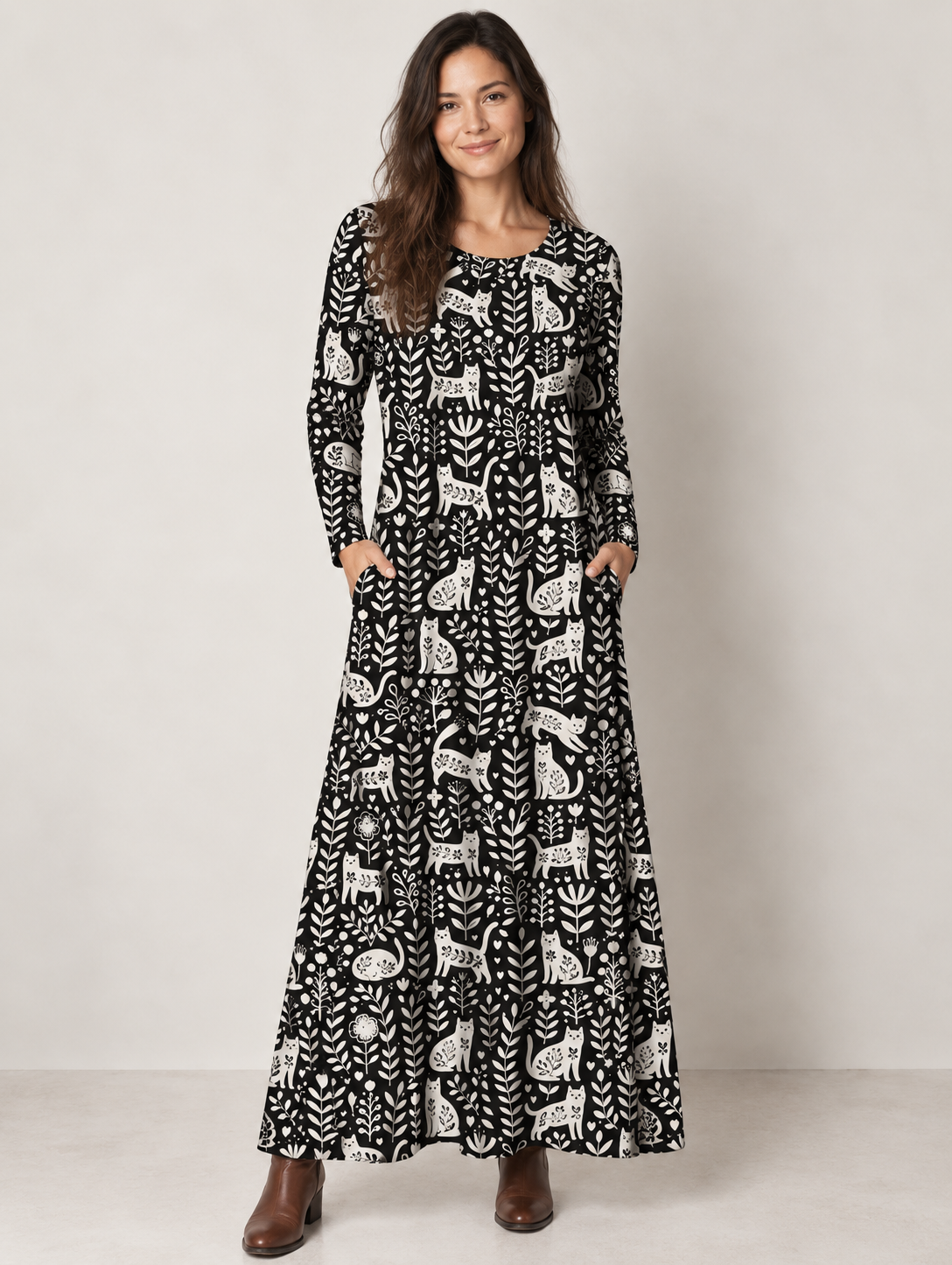 Floral Cats & Botanical Leaves Print Soft-Touch Stretch Knit Long Sleeve Maxi Dress with Pockets