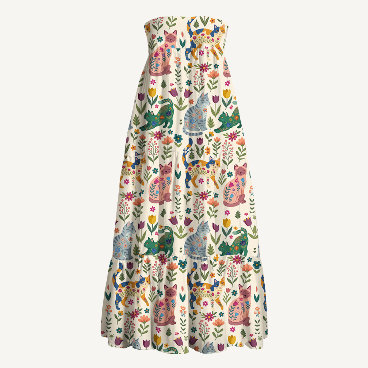 Cute Flower Cat Print Convertible Maxi Skirt & Strapless Dress  