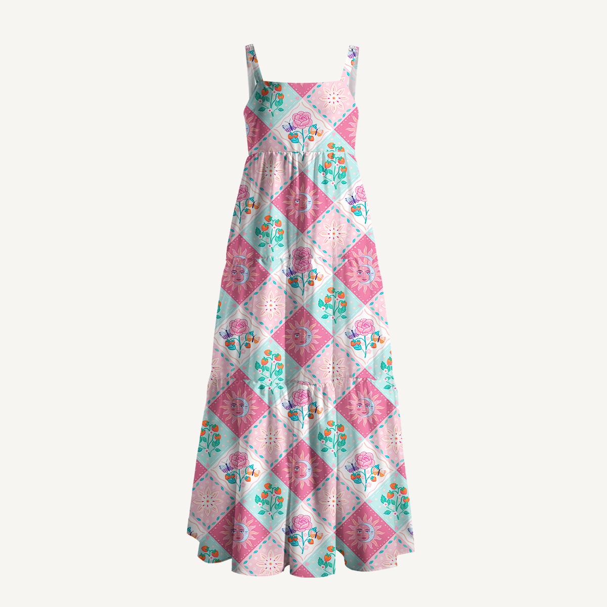 Vibrant Garden Patchwork Wide Straps Maxi Dress With Pockets