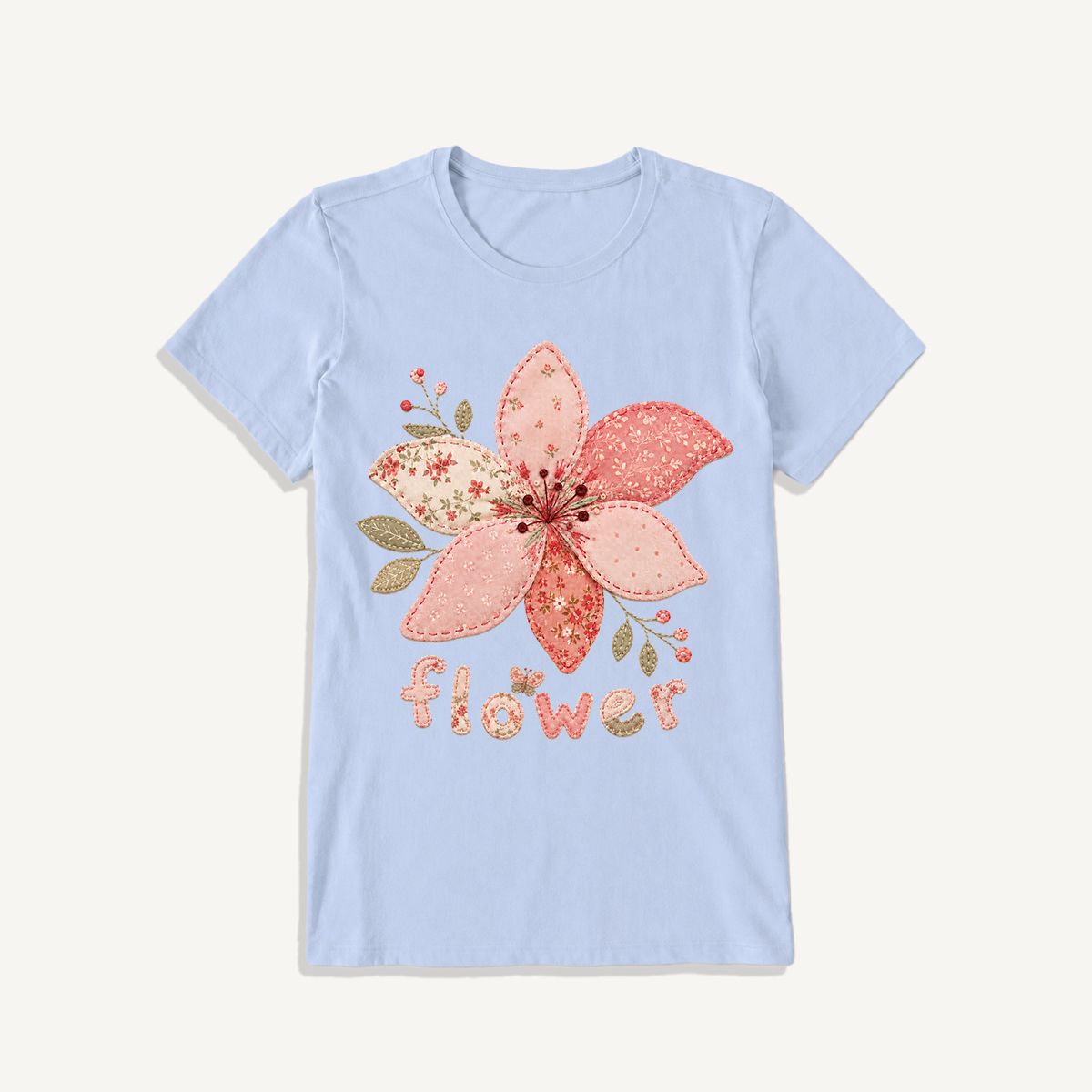 Blush Patchwork Flower Print Crew Neck Cotton Tee