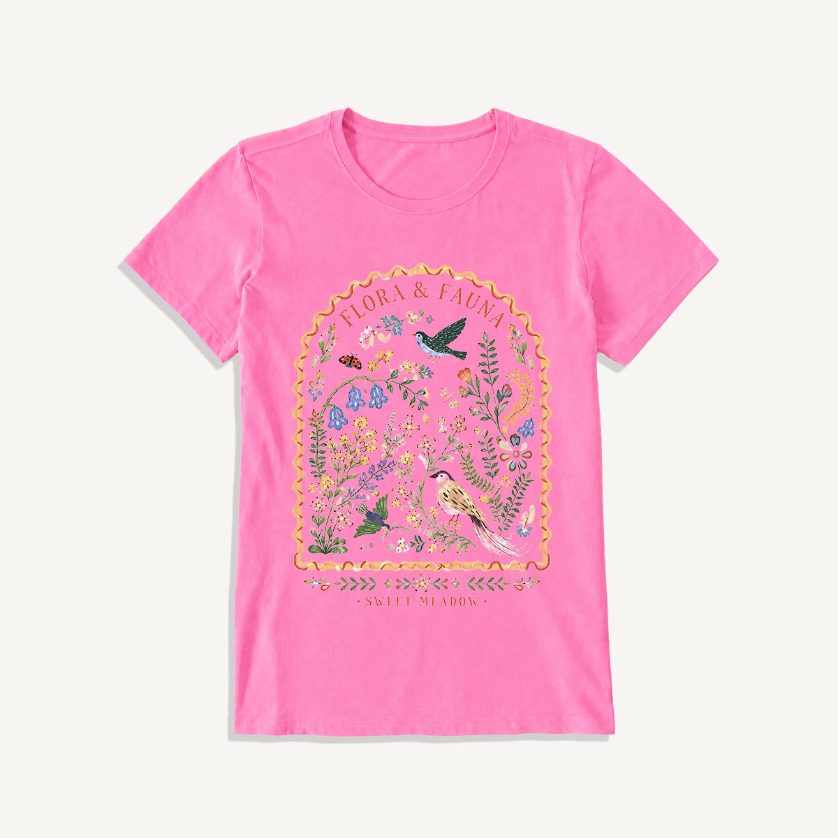 Folk Birds Sweet Meadow Print Crew Neck Cotton Tee