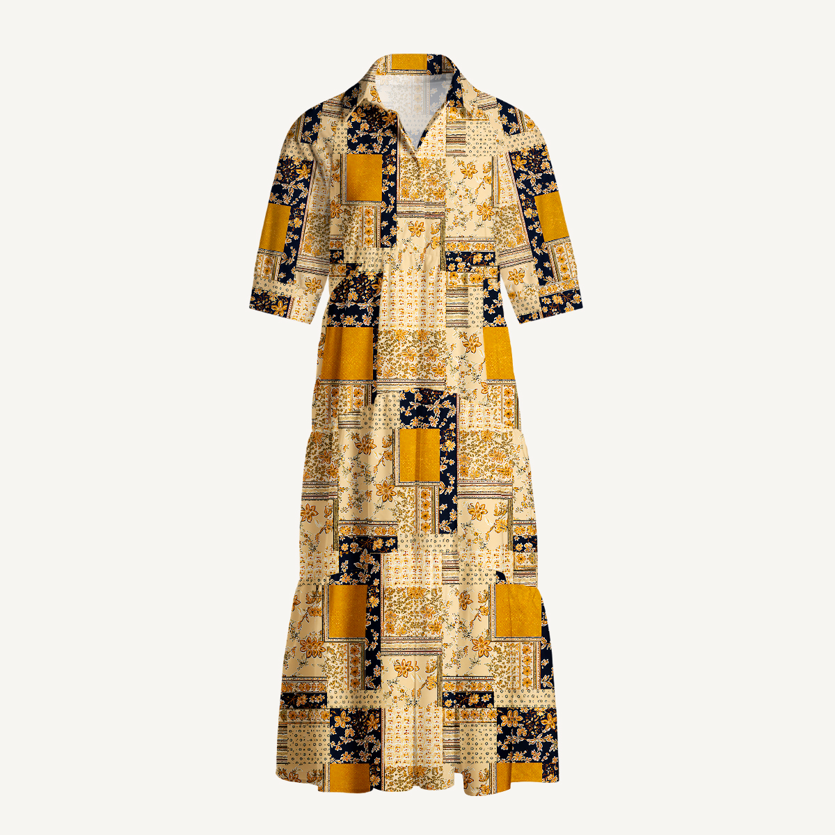 Vintage Mustard and Navy Floral Patchwork  Print Casual Midi Dress With Pockets
