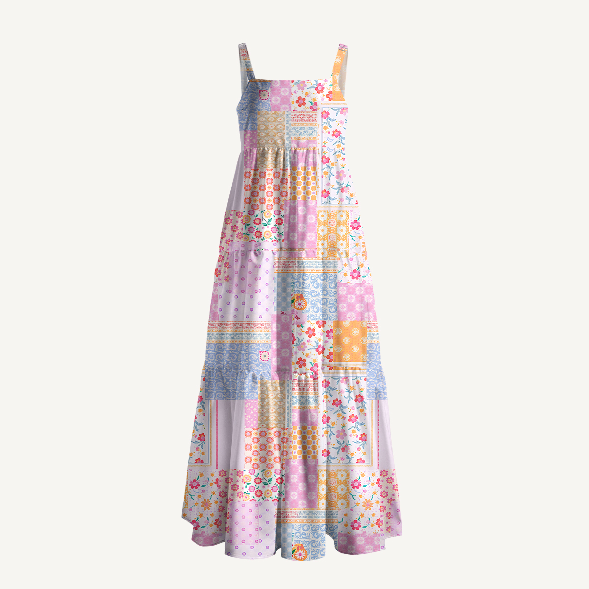 Pastel Patchwork Diary Wide Straps Maxi Dress With Pockets