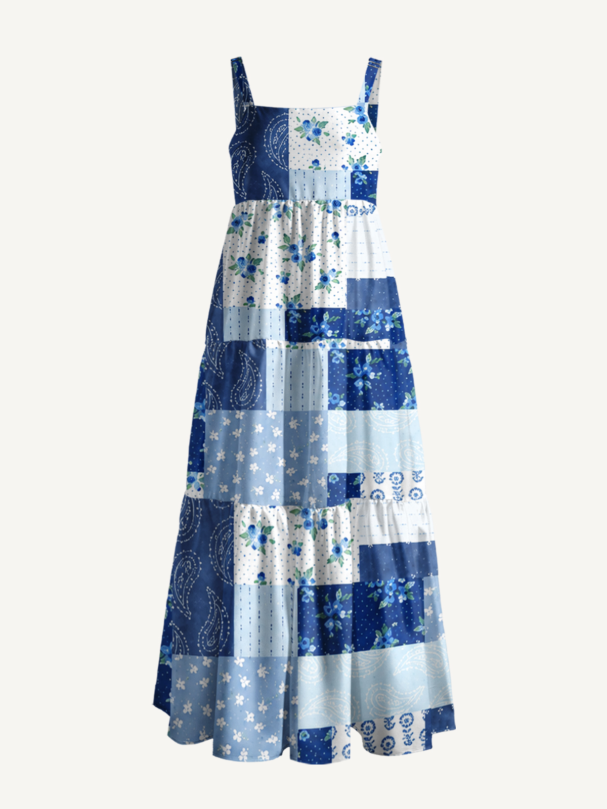 Blueberry Paisley Patchwork Print Wide Straps Maxi Dress With Pockets