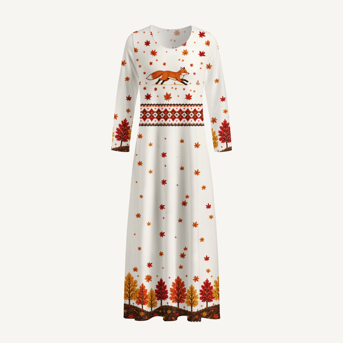 Autumn Forest Fox Print Soft-Touch Stretch Knit Long Sleeve Maxi Dress with Pockets