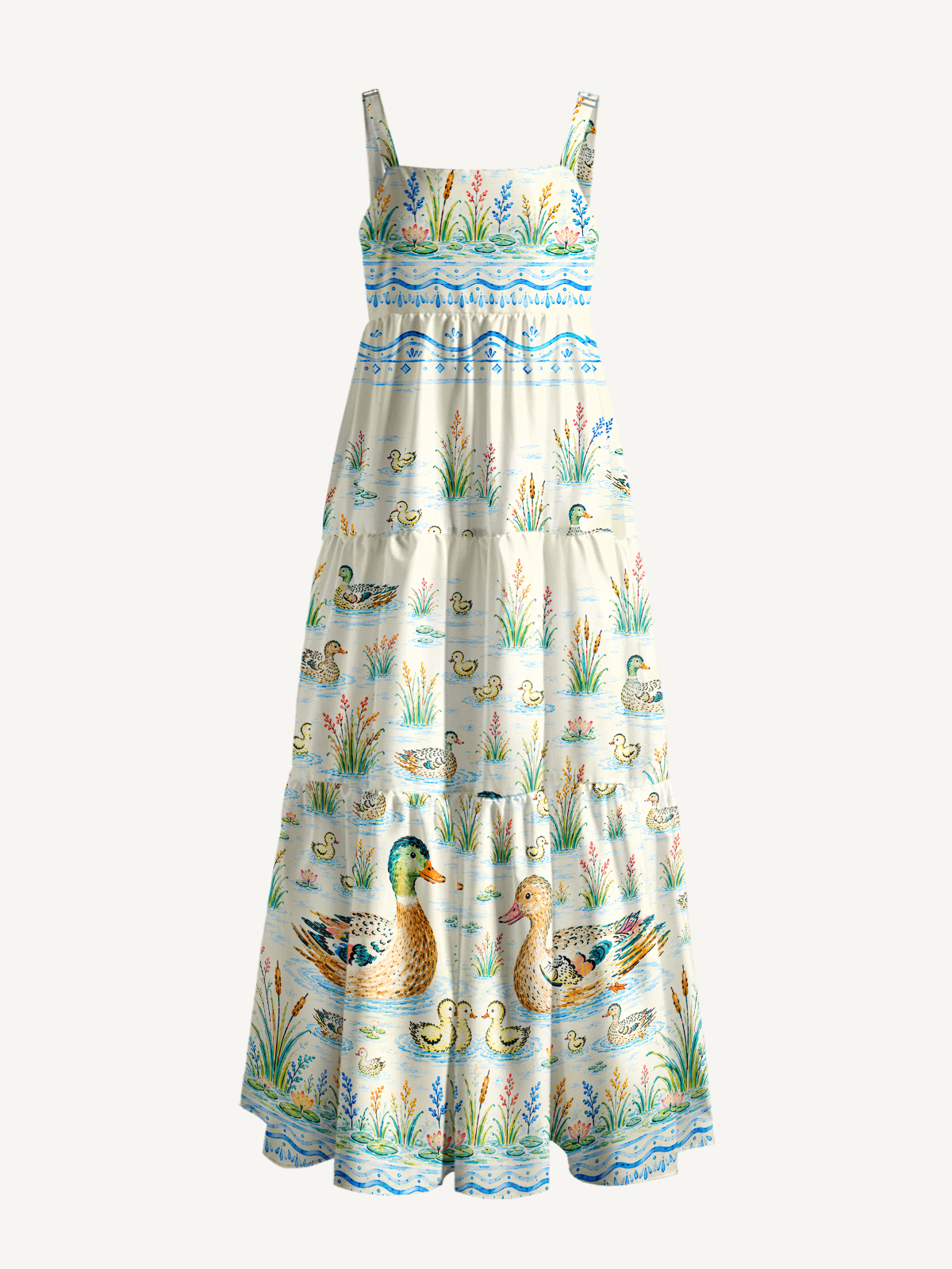 Little Duckling Water Ripples Print Wide Straps Maxi Dress With Pockets