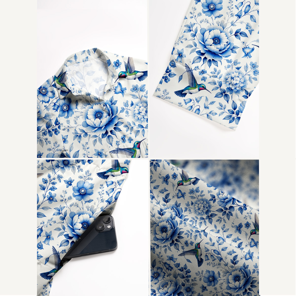 V Neck Collared Delft Blue Hummingbird and Floral Pattern Print Casual Midi Dress With Pockets