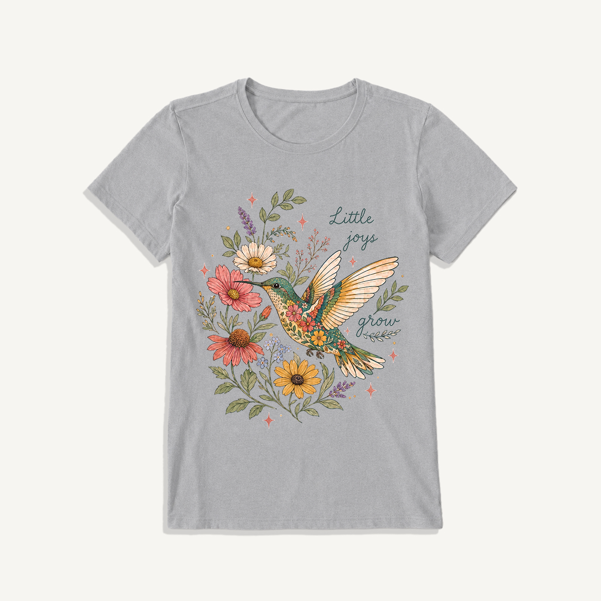 Floral Hummingbird Garden Print Crew Neck Cotton Tee