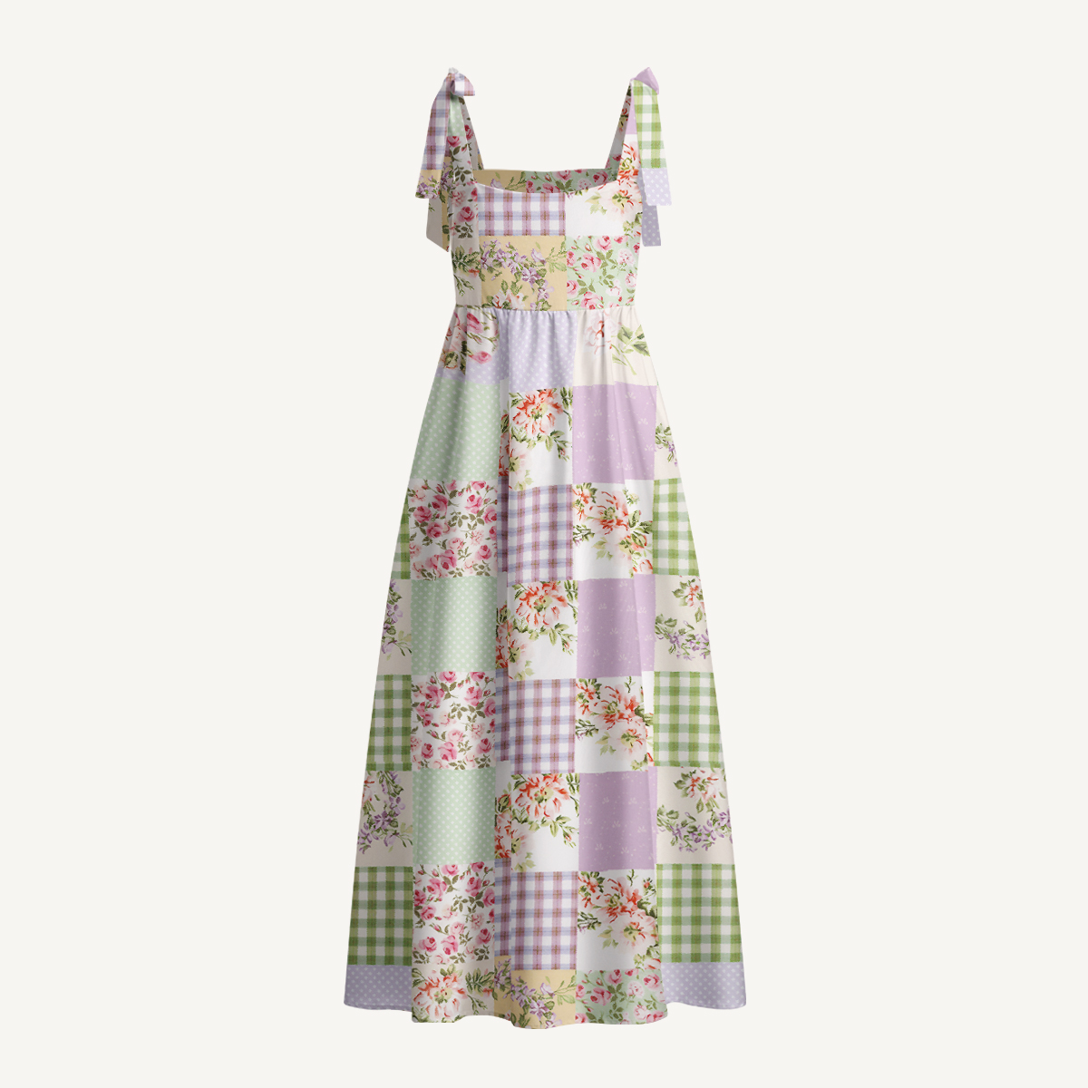 Creamy Garden Patchwork Print Bow Strap Maxi Dress