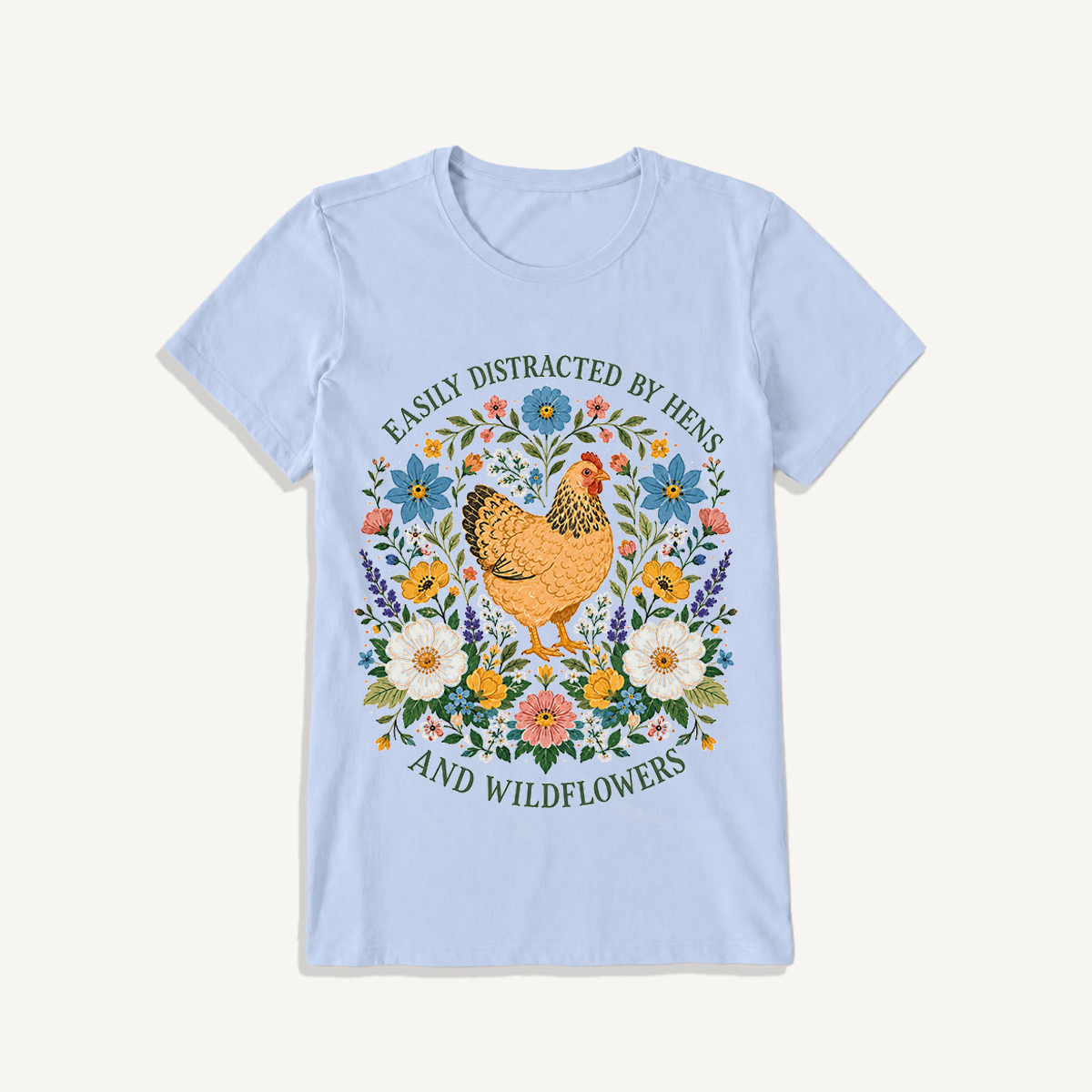 Hen and Wildflowers Cottage Print Crew Neck Cotton Tee