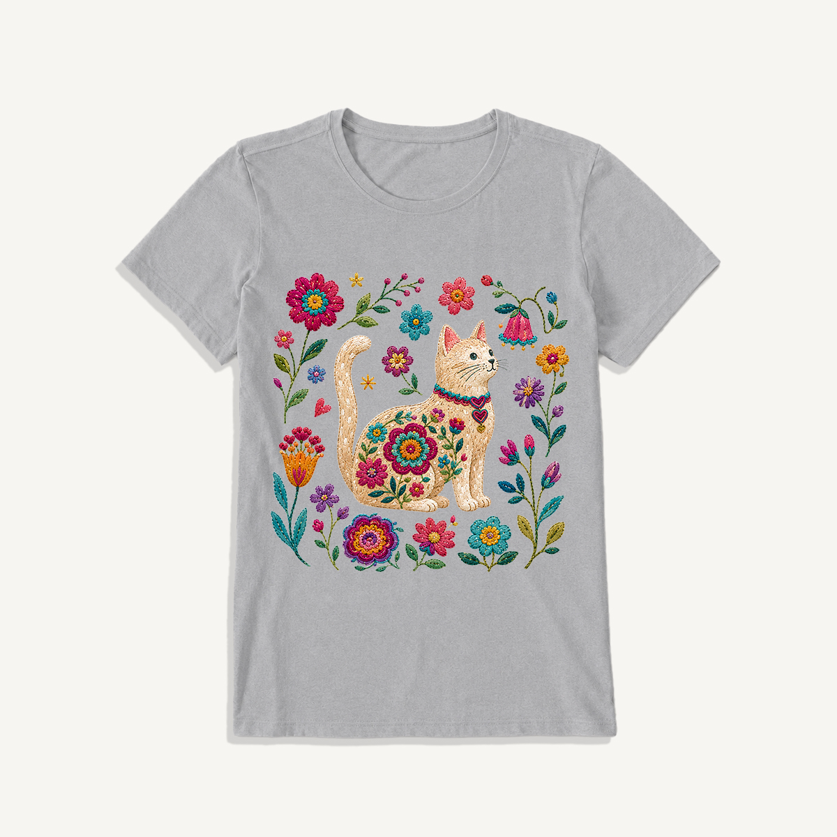 Embroidered Floral Cat Print Crew Neck Cotton Tee