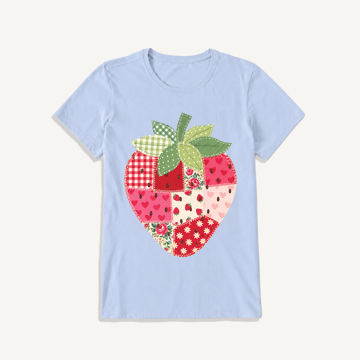 Folk Patchwork Strawberry Print Crew Neck Cotton Tee