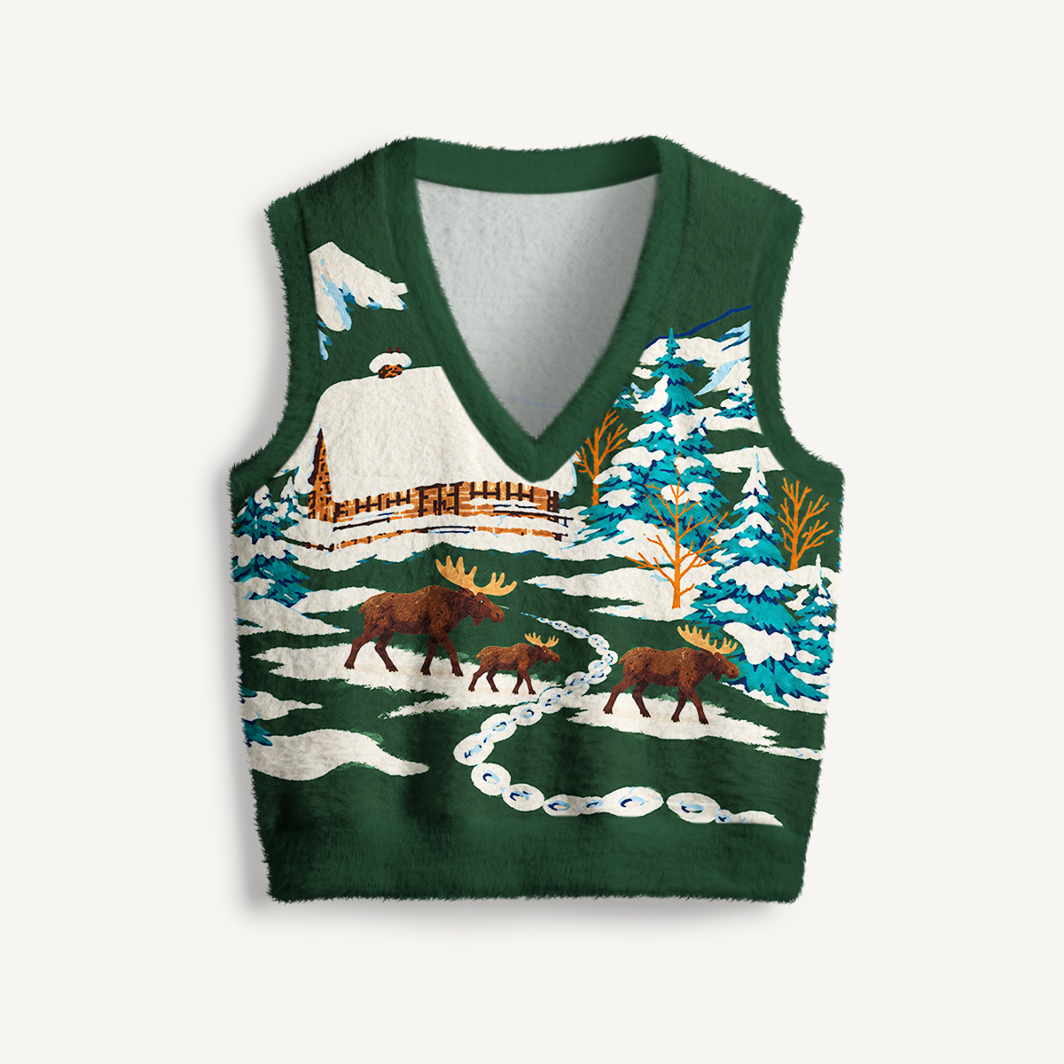 Snowy Cabin Moose Family Print V-Neck Sweater Vest