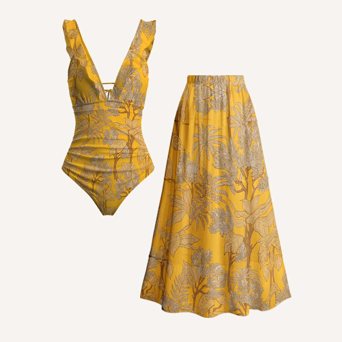 Golden Palm Ruffled V Neck One Piece Swimsuit and Matching Midi Skirt Set