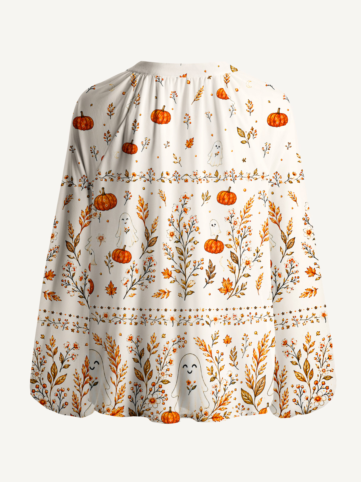 Pumpkin Ghost Cottage Print Boho Long Sleeve Tie‑Neck Blouse