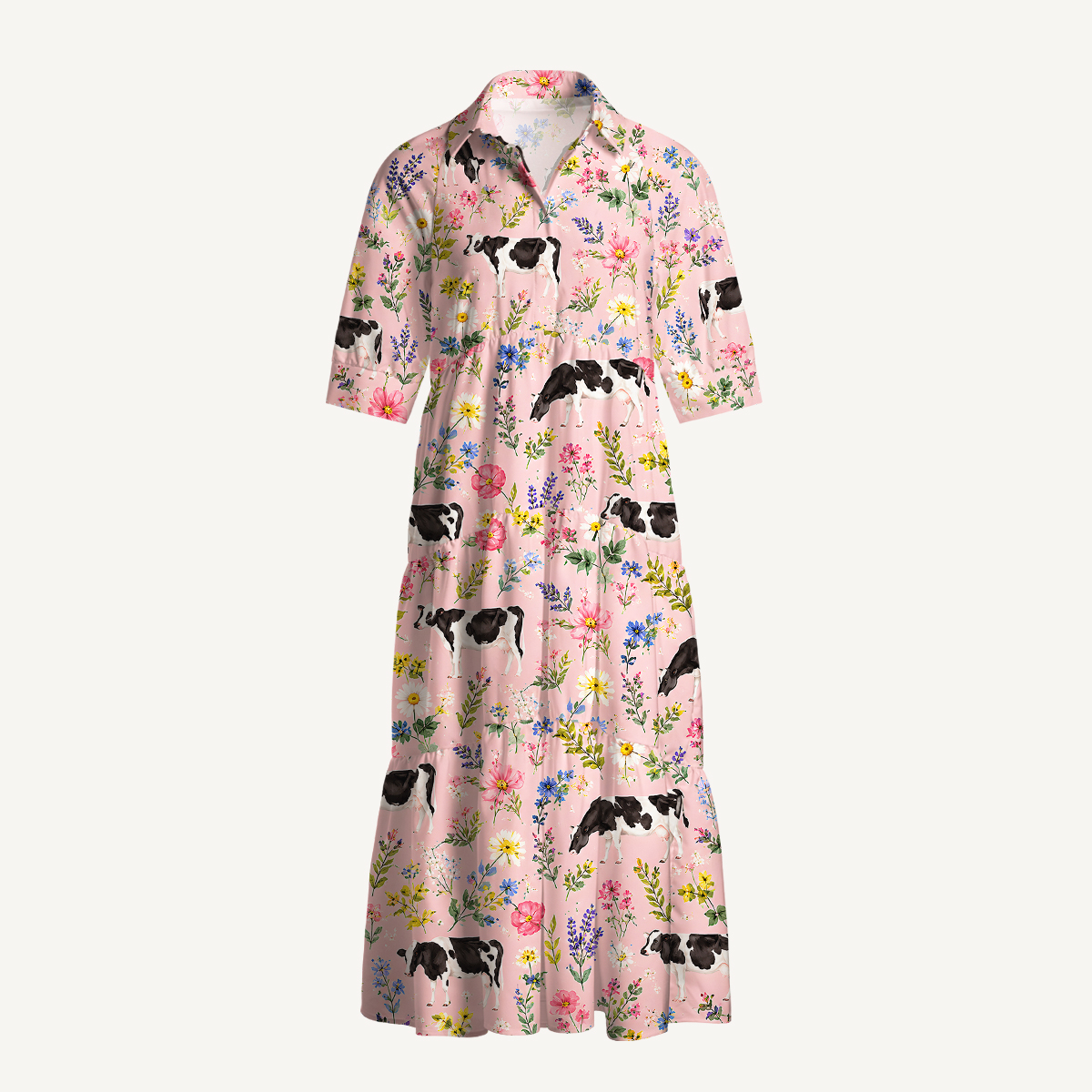 Holstein Cattle Cow Farm Animal Floral Pink Print Casual Midi Dress With Pockets