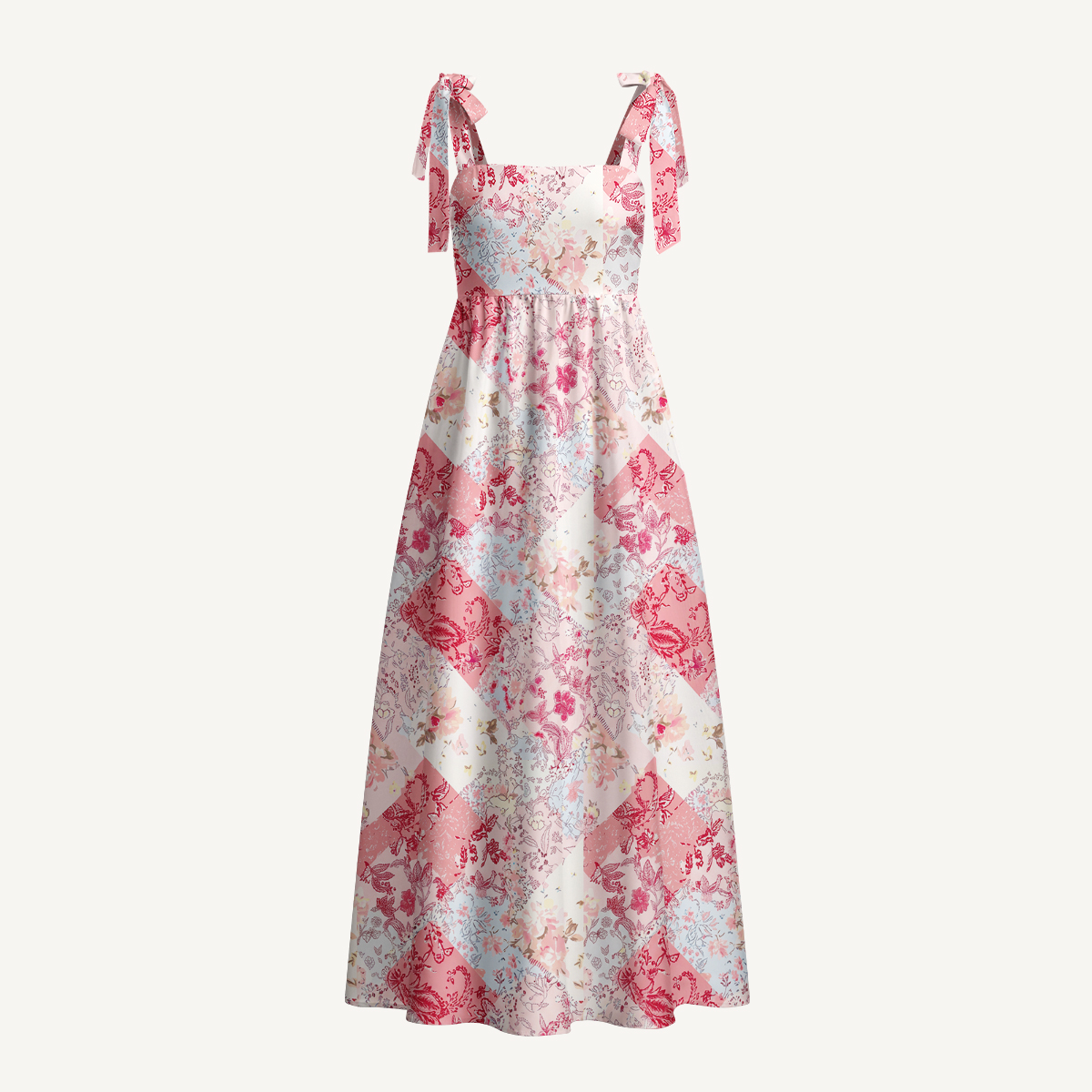 Shabby Chic Floral Patchwork Print Bow Strap Maxi Dress