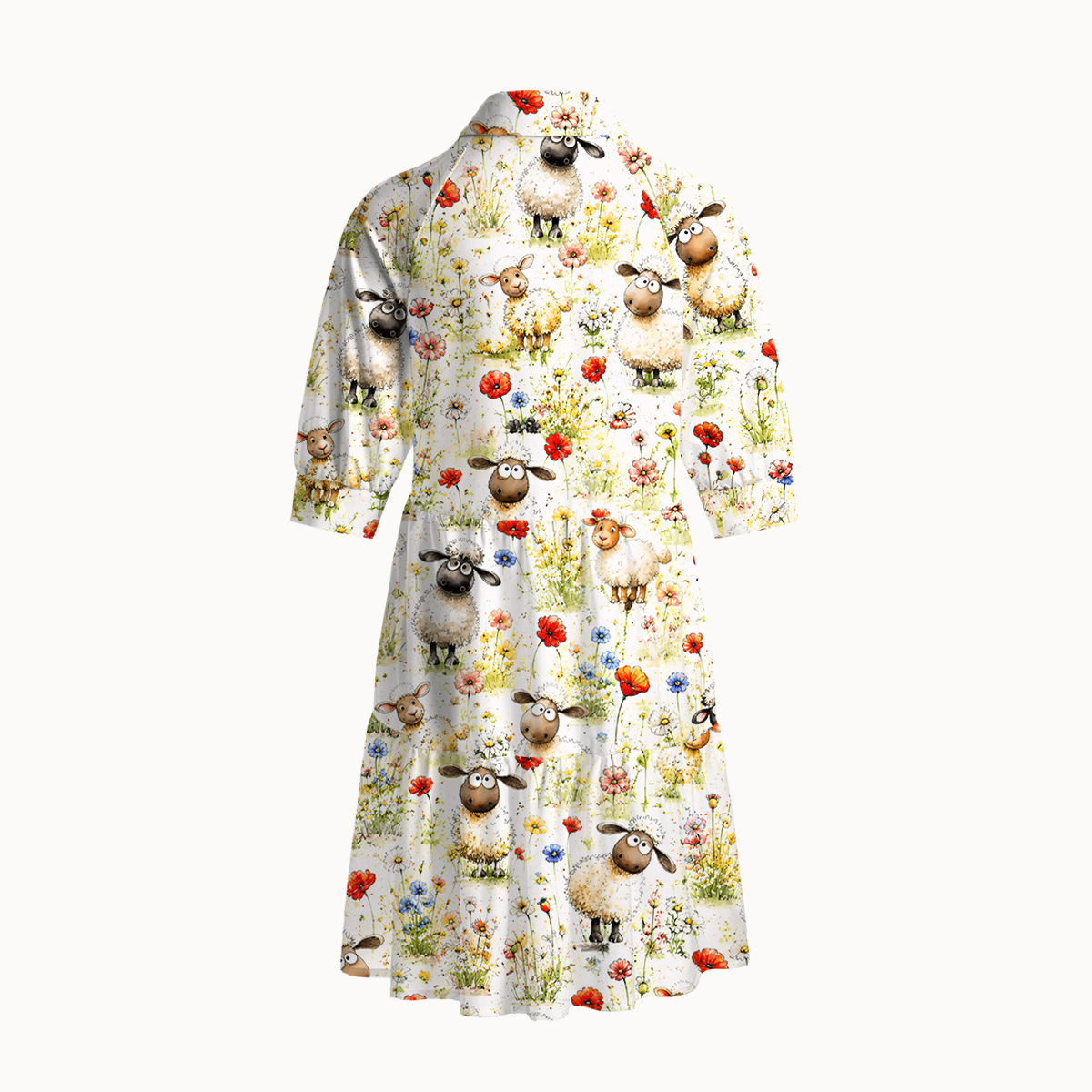 V Neck Collared Whimsical Sheep Clipart Mini Dress For Women With Pockets