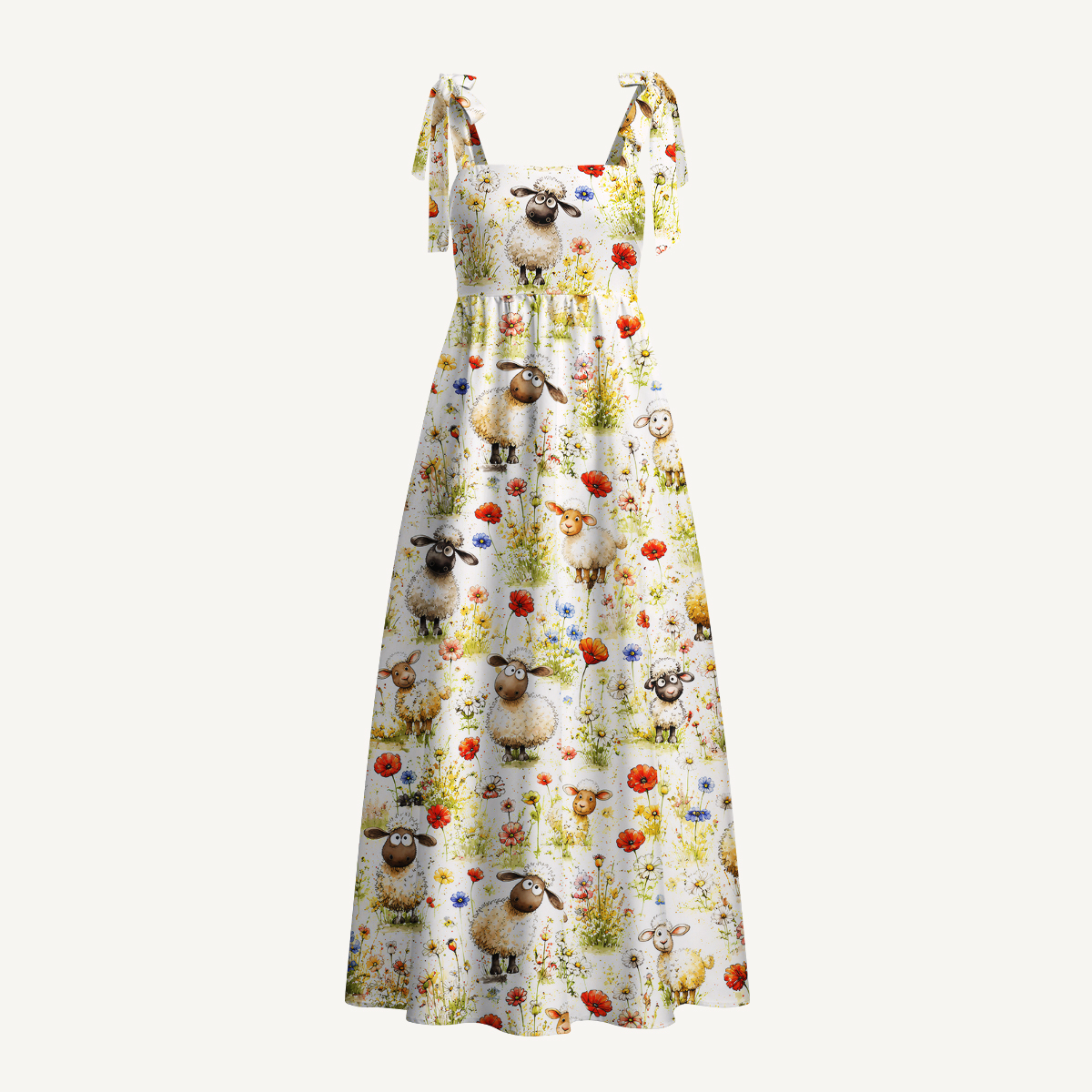 Whimsical Sheep Clipart Print Bow Strap Maxi Dress