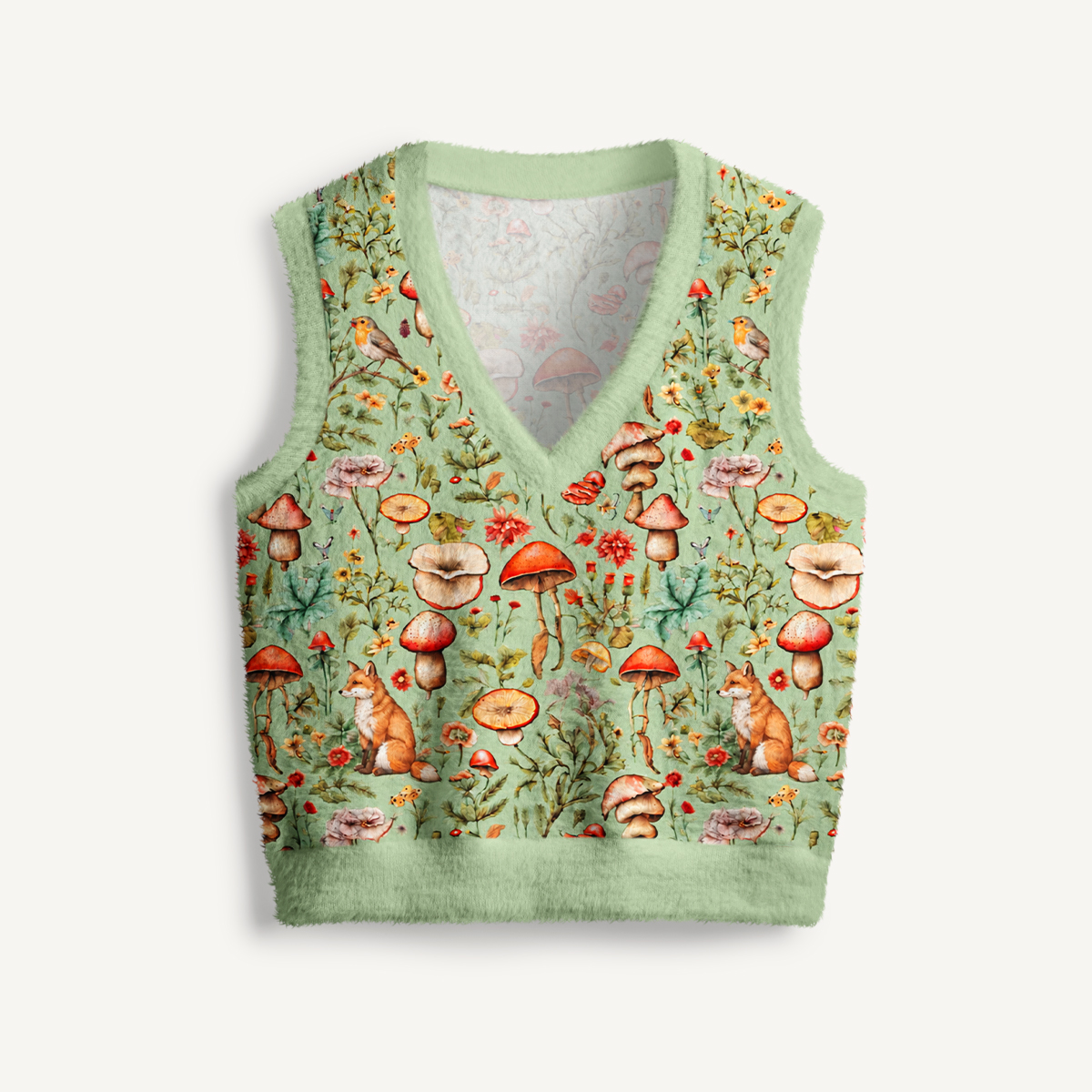 Enchanted Mushroom Forest Fox Print V-Neck Sweater Vest