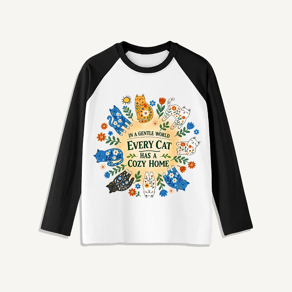 Floral Cats Cozy Home Print Raglan Long Sleeve T-shirt