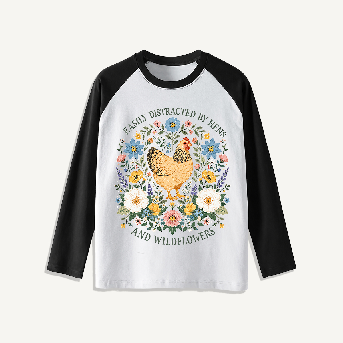 Hen and Wildflowers Cottage Print Raglan Long Sleeve T-shirt