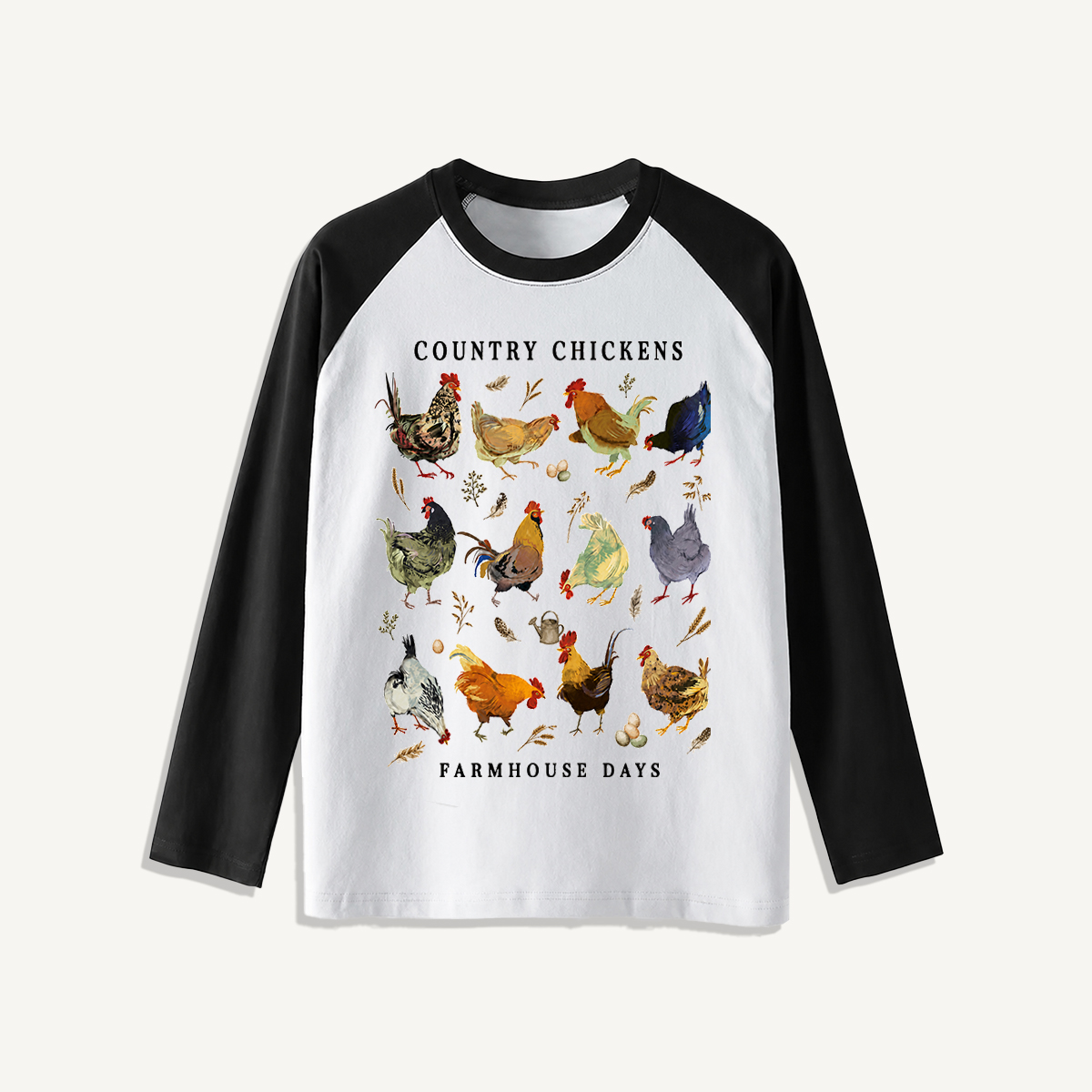 Country Chicken Farmhouse Collection Print Raglan Long Sleeve T-shirt