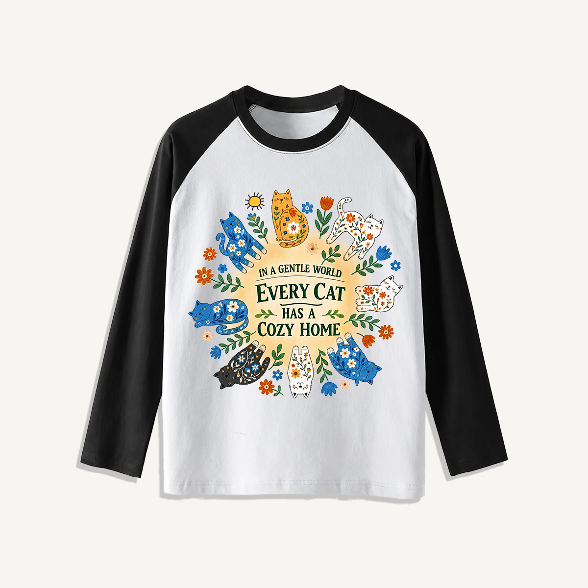 Floral Cats Cozy Home Print Raglan Long Sleeve T-shirt