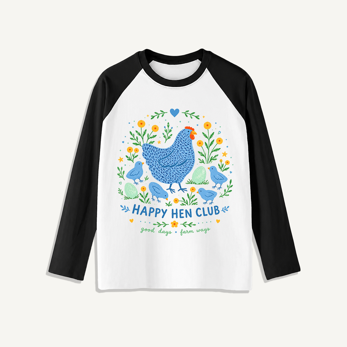 Blue Hen and Chicks Garden Print Raglan Long Sleeve T-shirt
