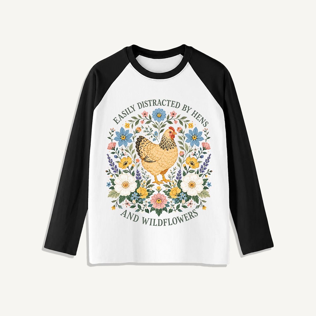 Hen and Wildflowers Cottage Print Raglan Long Sleeve T-shirt