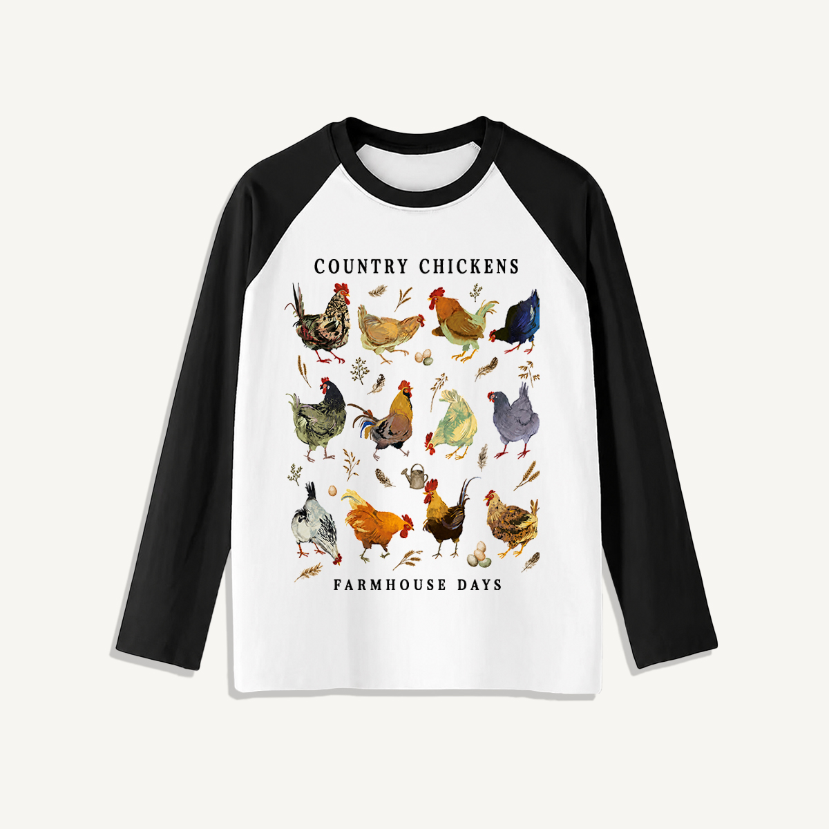 Country Chicken Farmhouse Collection Print Raglan Long Sleeve T-shirt