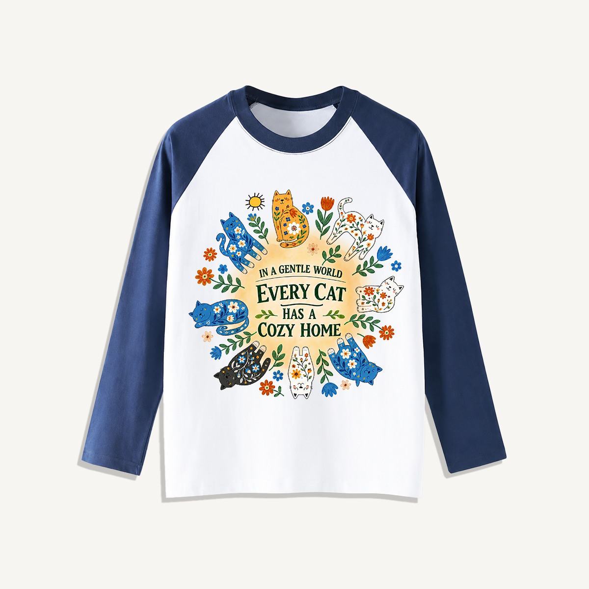 Floral Cats Cozy Home Print Raglan Long Sleeve T-shirt