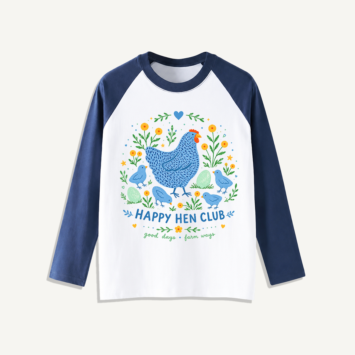 Blue Hen and Chicks Garden Print Raglan Long Sleeve T-shirt