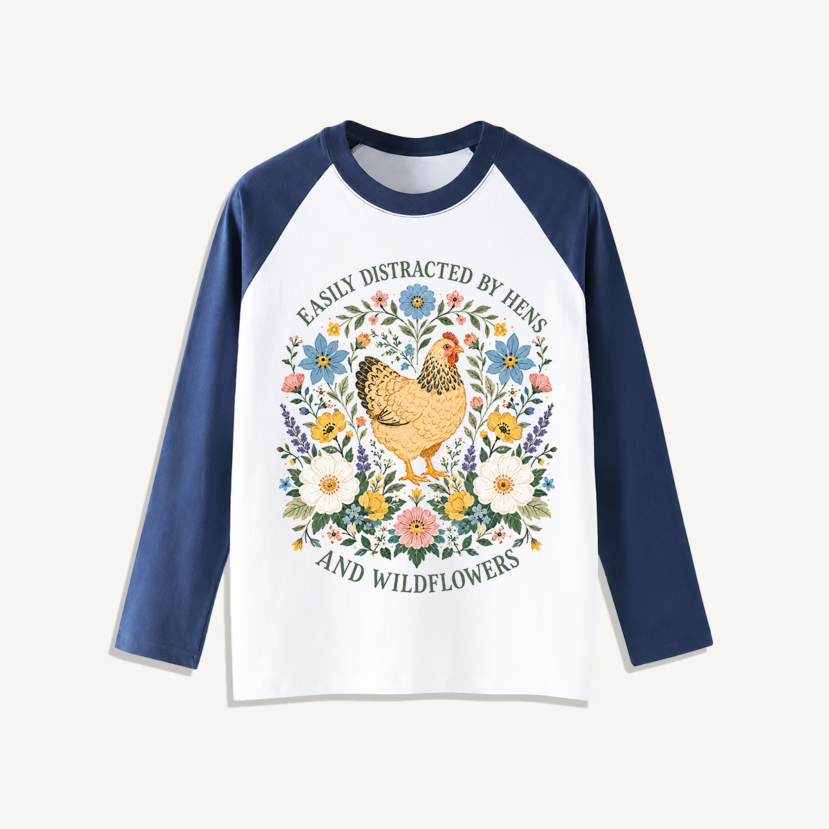 Hen and Wildflowers Cottage Print Raglan Long Sleeve T-shirt