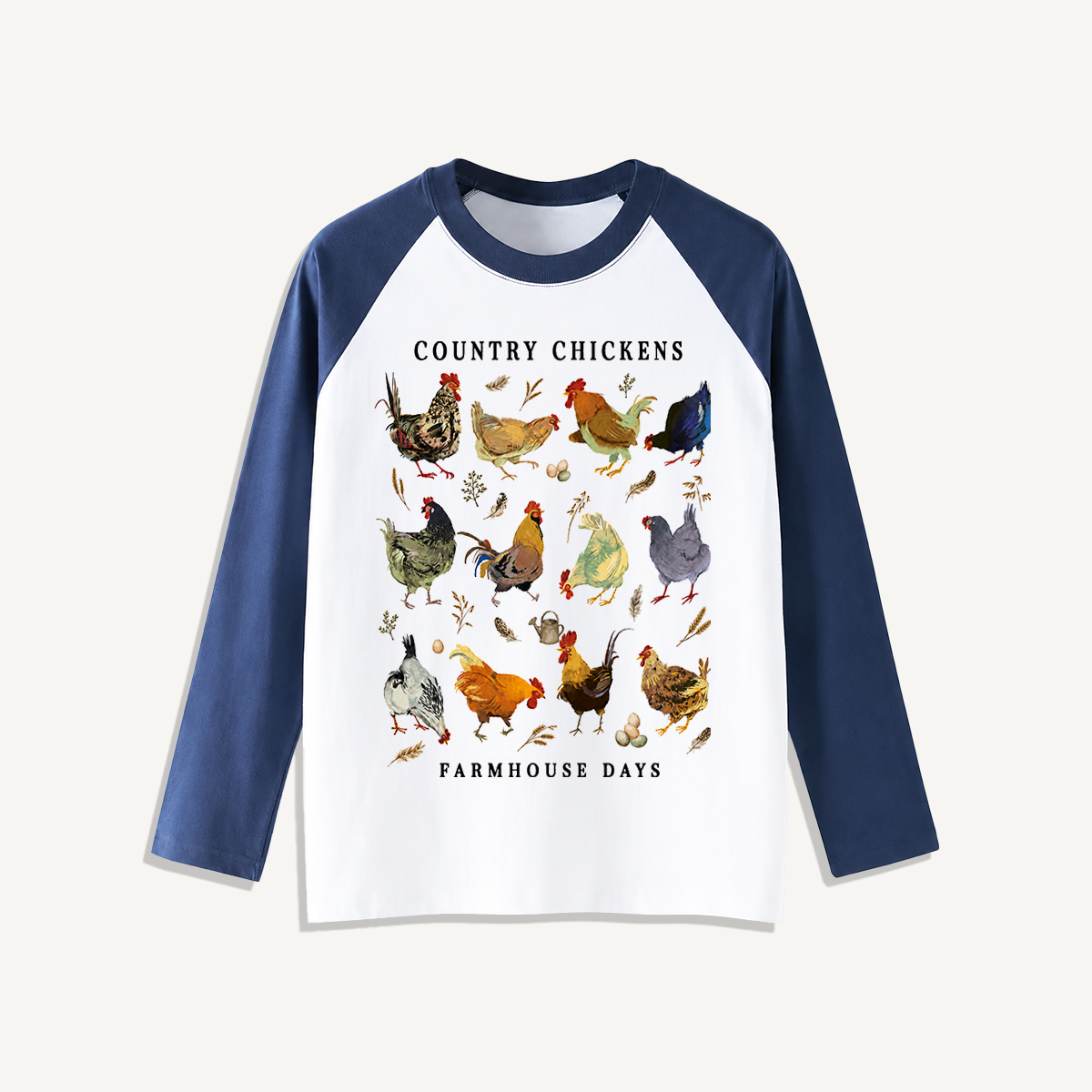 Country Chicken Farmhouse Collection Print Raglan Long Sleeve T-shirt